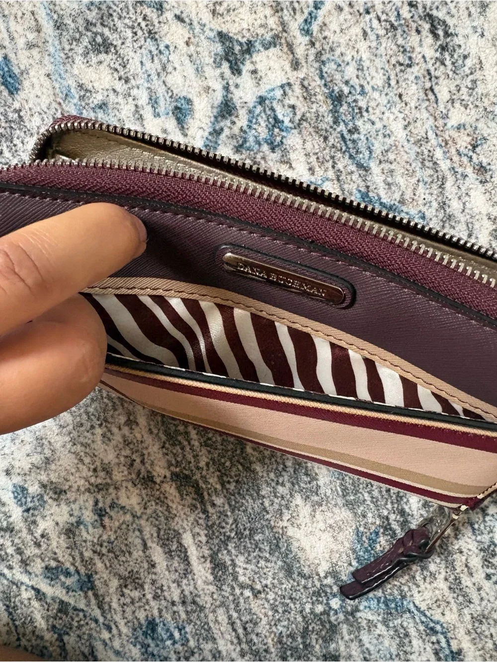 Dana Buchman Burgundy Pink Beige Striped Zip Wallet
